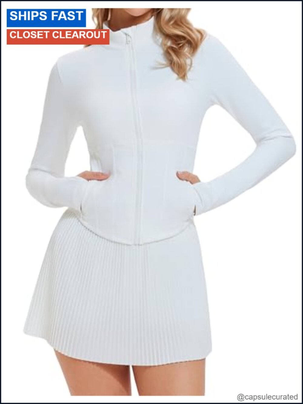 2 Piece Tennis Outfit Zip Up Jacket Pleated Skirt Athleisure Set